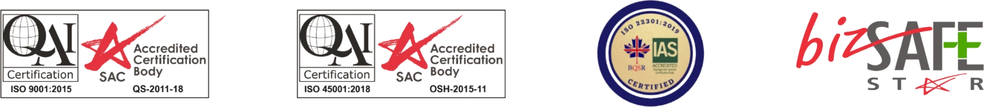 ISO 9001:2015, ISO 45001:2018, ISO 22301:2019 and bizSAFE Star certifications